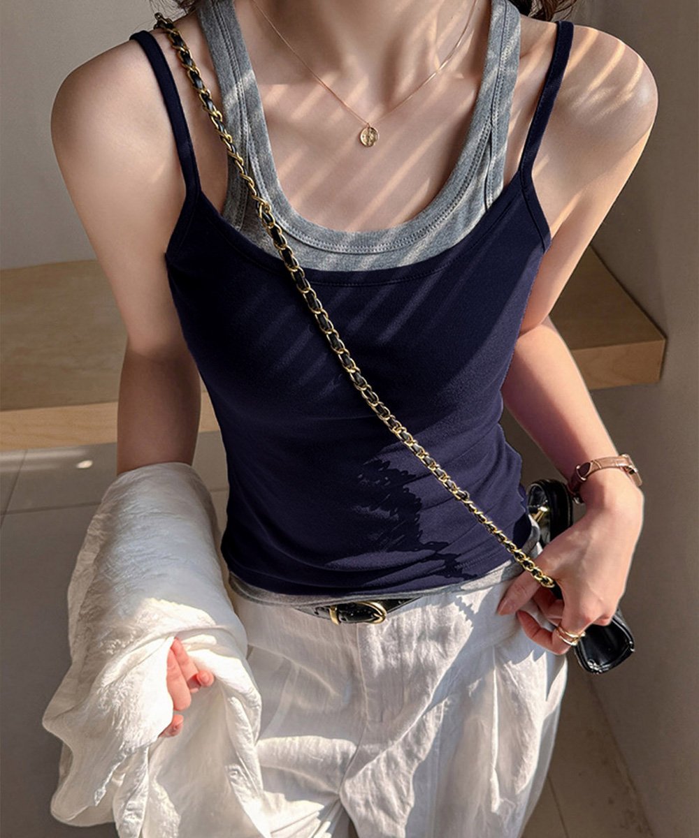 miniministore レイヤード風キャミソール 韓国風配色夏服 ミニミニストア トップス ノースリーブ・タンクトップ グレー ネイビー ブラック