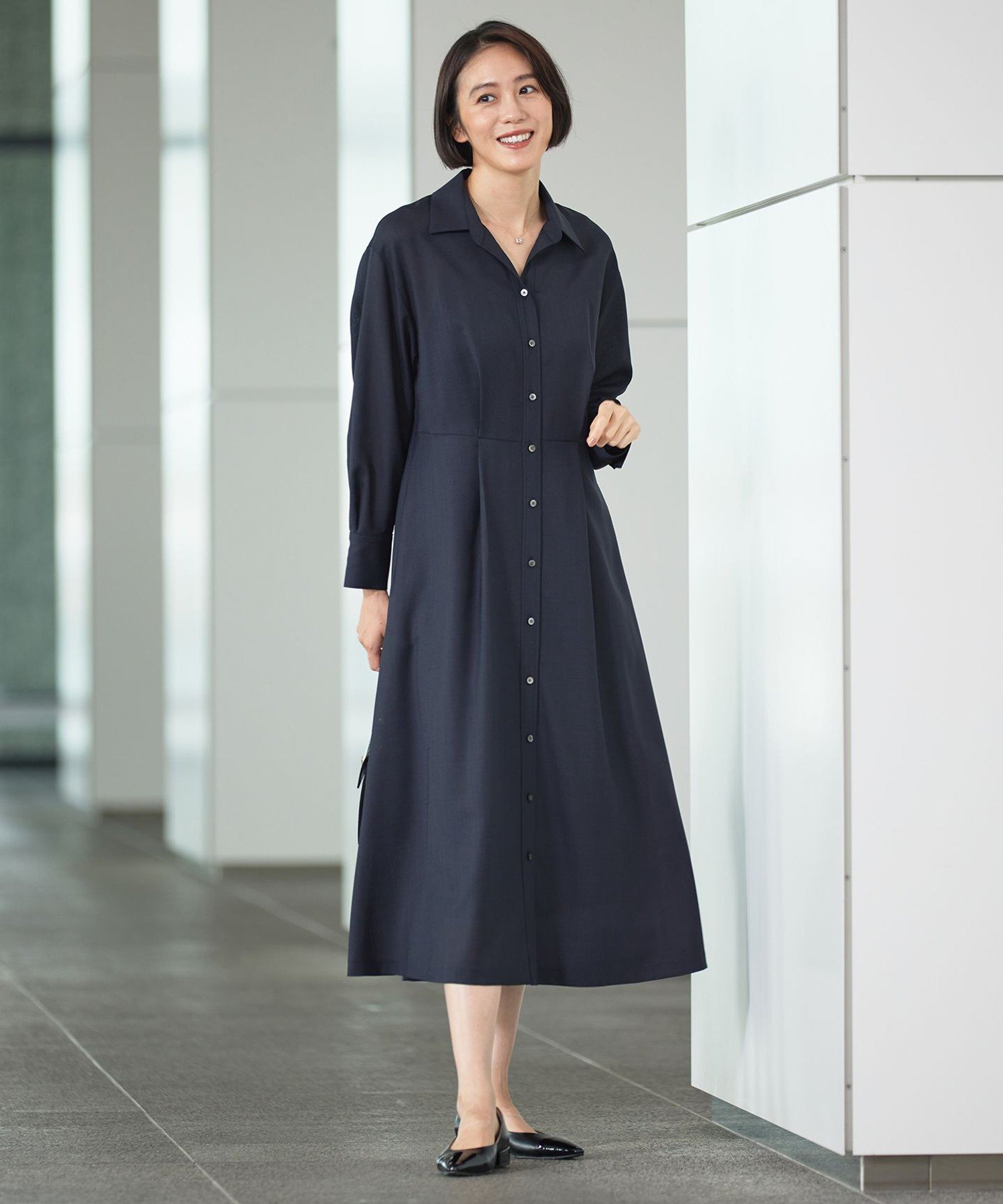 【SALE／30%OFF】自由区 S 【洗える】トロピカルストレッチシャツ ドレス ジユウク ワンピース・ドレス シャツワンピース カーキグリーン ネイビー【送料無料】