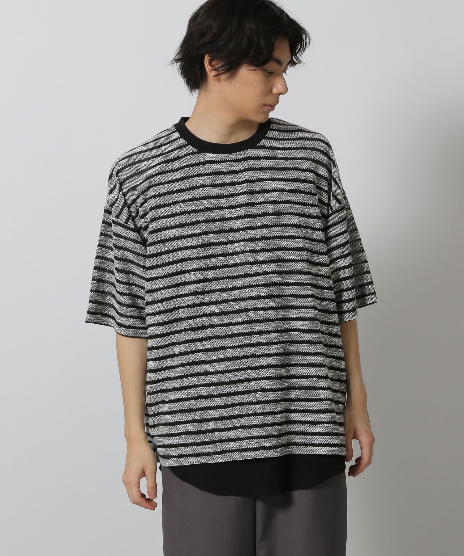 LAKOLE 透かしボーダー半袖T ラコレ トップス カットソー・Tシャツ ブルー ブラック