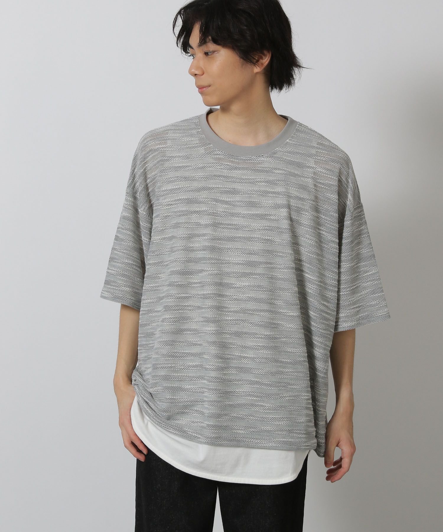 LAKOLE 透かしボーダー半袖T ラコレ トップス カットソー・Tシャツ ブルー ブラック
