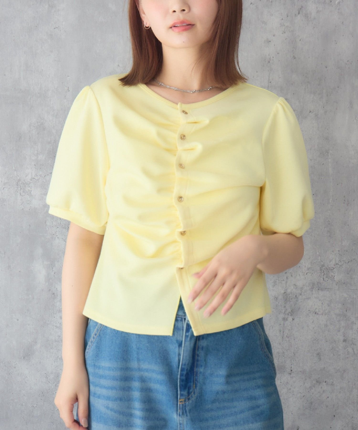 【SALE／10%OFF】RETRO GIRL フロントギャザー半袖カーデ レトロガール トップス カーディガン ベージュ ブラック イエロー