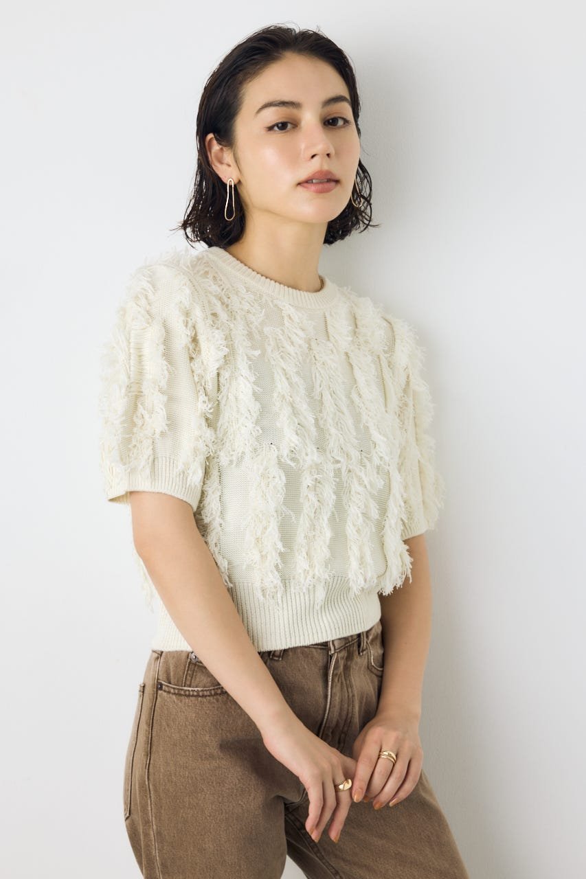 AZUL BY MOUSSY フリンジデザイン5分袖ニットトップス アズールバイマウジー トップス ニット ホワイト ブラック グレー【送料無料】