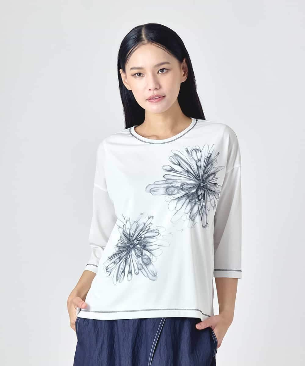 HIROKO BIS 線画フラワー七分袖カットソー ヒロコ ビス トップス カットソー・Tシャツ ホワイト