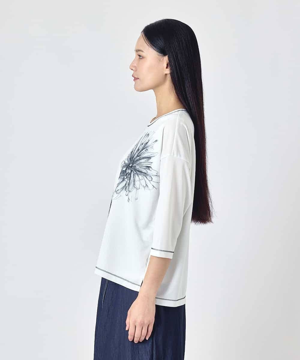 HIROKO BIS 線画フラワー七分袖カットソー ヒロコ ビス トップス カットソー・Tシャツ ホワイト