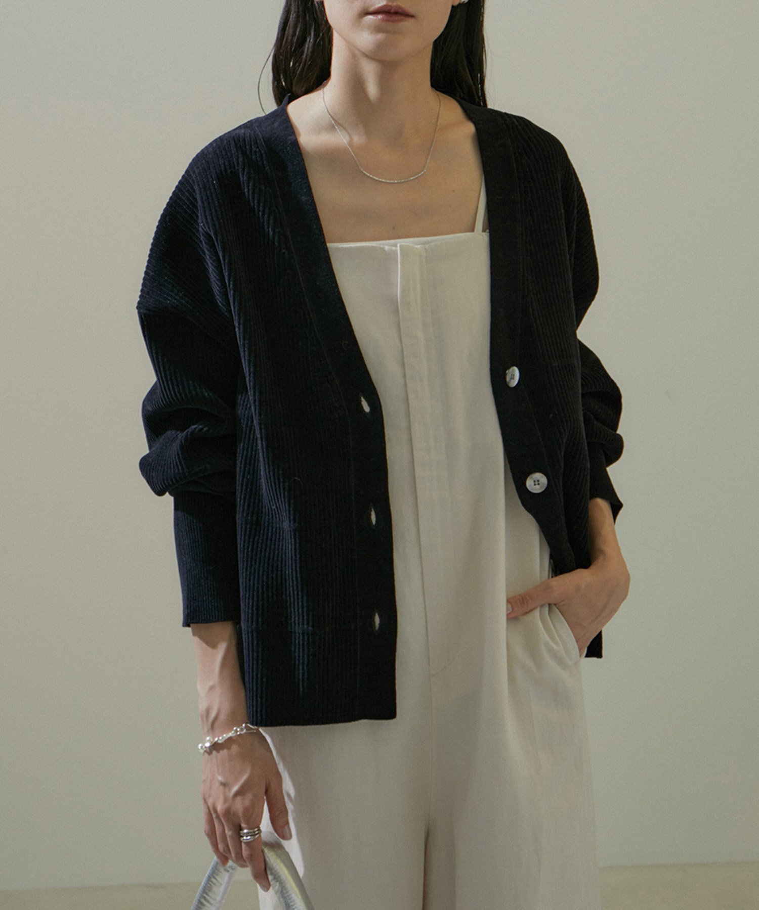 SALON adam et rope' リブVネックカーディガン -CreamyCotton /クリーミーコットン- サロン アダム エ ロペ トップス カーディガン ホワイト ブラック グレー【送料無料】