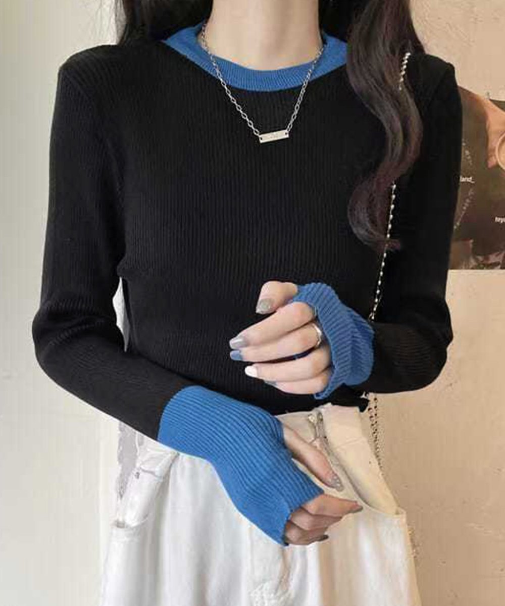 【SALE／35%OFF】miniministore バイカラーニット 指穴ニットプルオーバー ミニミニストア トップス ニット ベージュ イエロー ホワイト パープル ネイビー ブラックのサムネイル