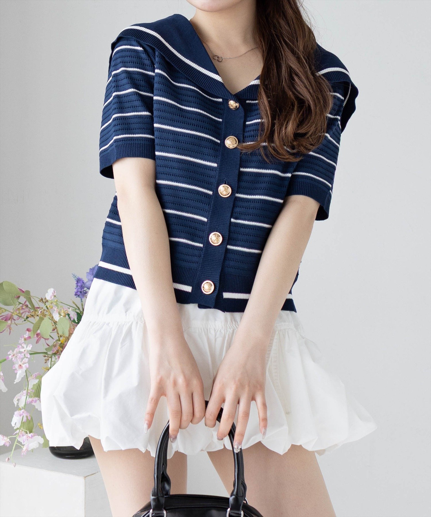 【SALE／48%OFF】clear セーラーニット半袖カーディガン クリア トップス カーディガン ブラウン ネイビーのサムネイル