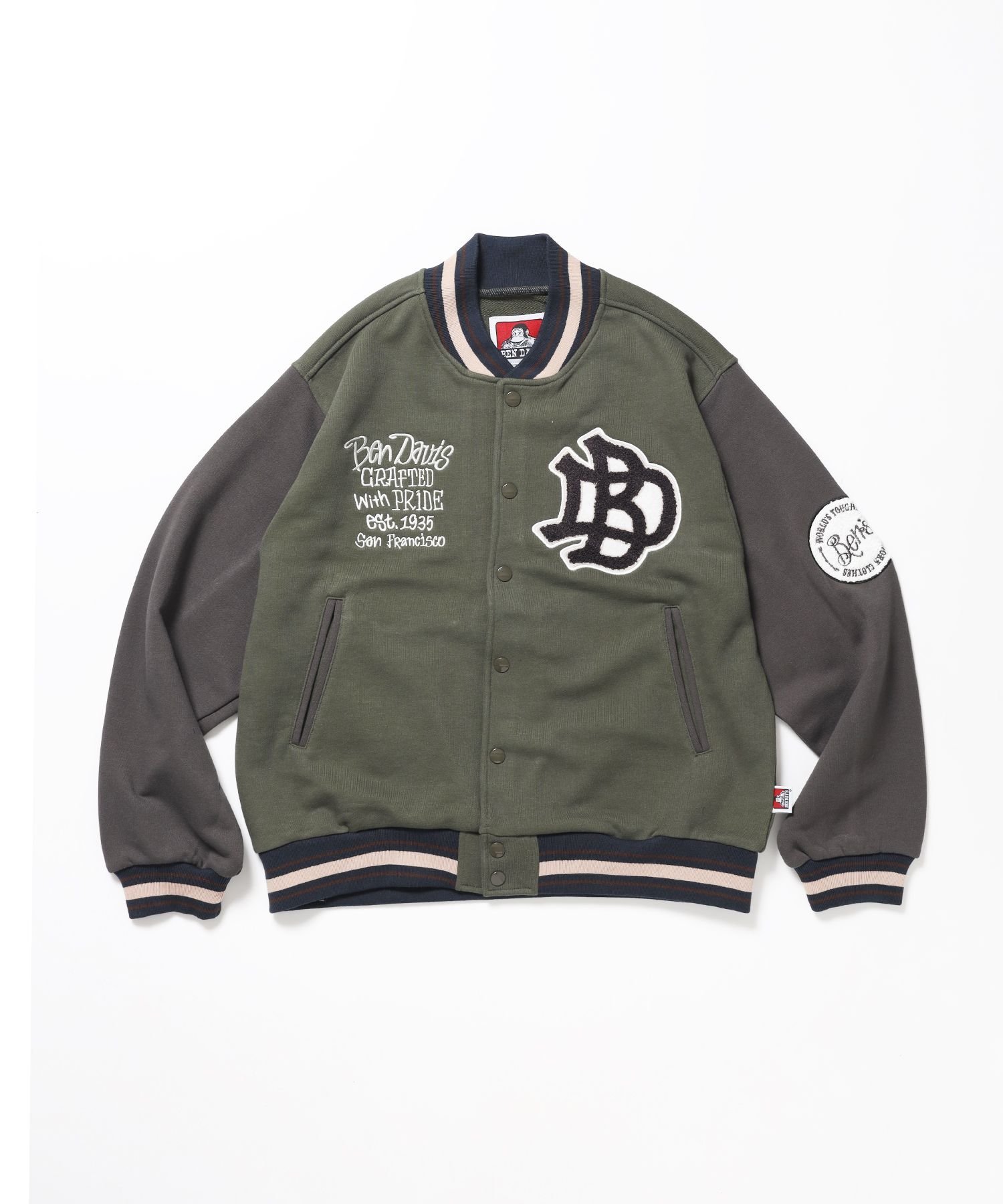 BEN DAVIS / WHITE LABEL 【BEN DAVIS(ベンデイビス)】SWEAT STADIUM JACKET / スラックス ジャケット 刺繍 ワンポイント 裏毛 ワッペン ナバル トップス スウェット・トレーナー カーキグリーン ブラック【送料無料】