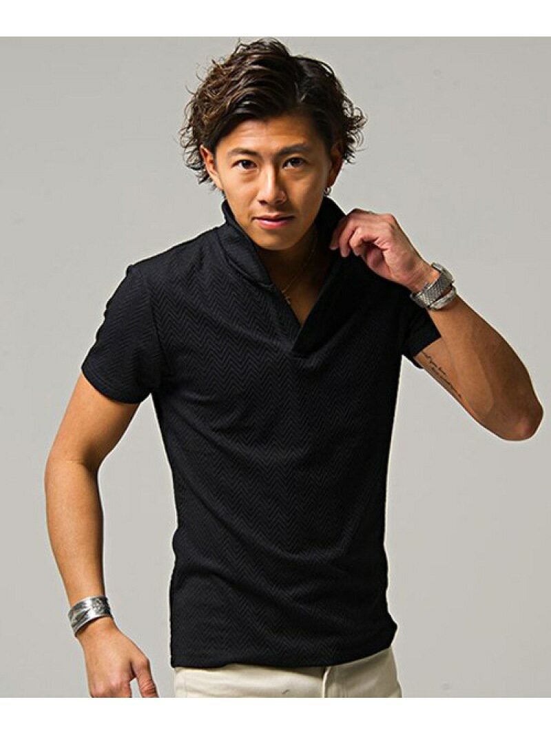 【SALE/5%OFF】CavariA CavariA へリンボーン柄イタリアンカラ-ポロシャツ半袖 シルバーバレット トップス ポロシャツ ネイビー ブラック ホワイト【RBA_E】【送料無料】