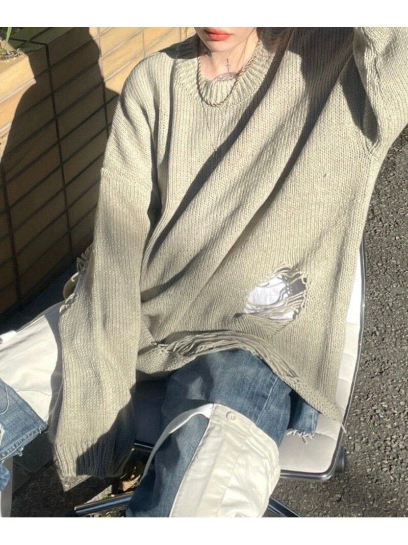 XU 【XU】damage knit ネバーマインドザエックスユー／チカシツプラス トップス ニット ブラック【送料無料】