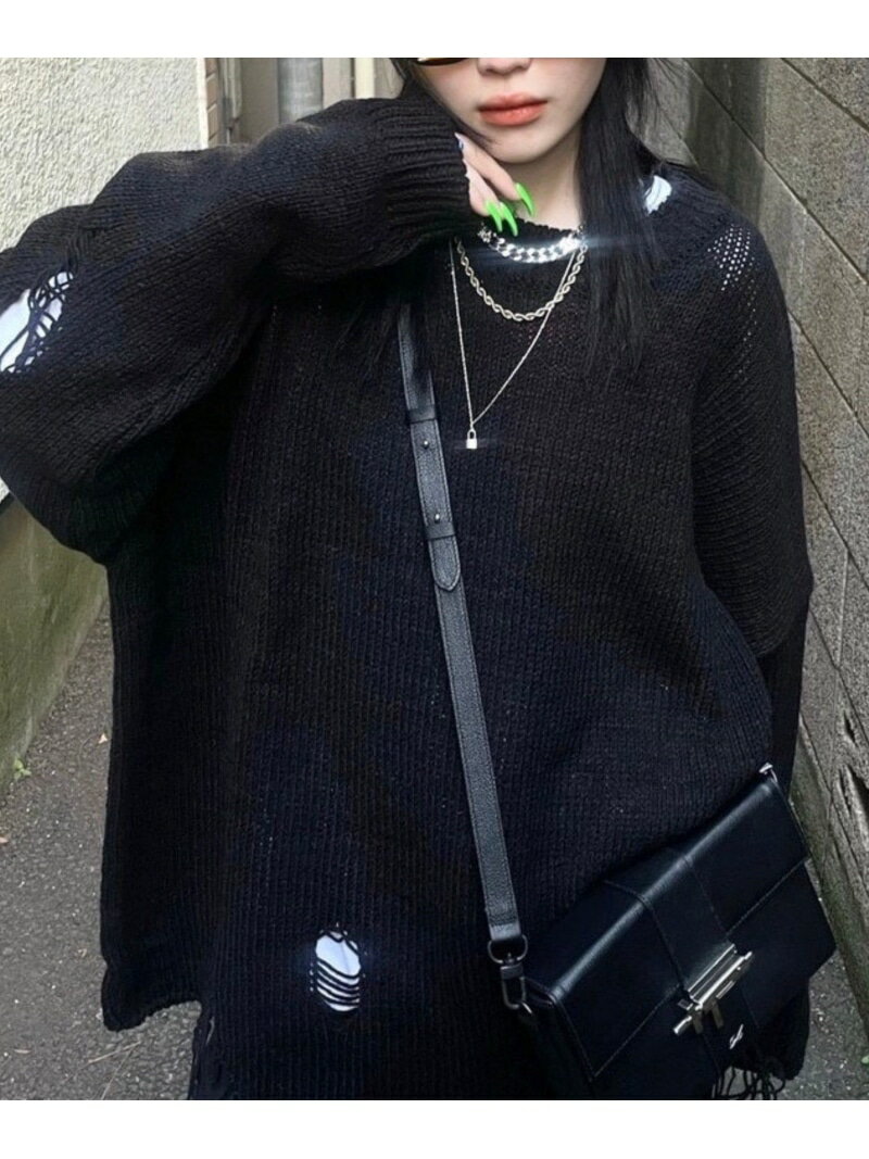 XU 【XU】damage knit ネバーマインドザエックスユー／チカシツプラス トップス ニット ブラック【送料無料】