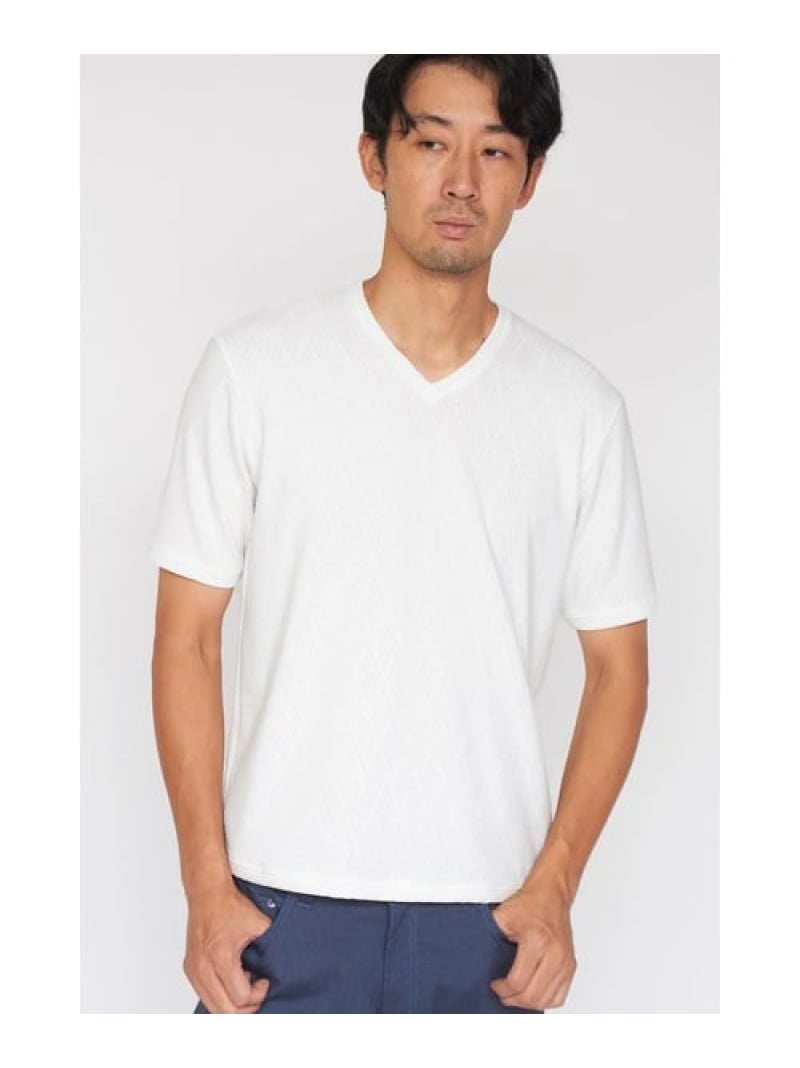 【SALE／10%OFF】HIGH STREET HIGH STREET∴シェブロンブリスタージャカード半袖Vネックカットソー トルネードマート トップス カットソー・Tシャツ ホワイト【RBA_E】【送料無料】