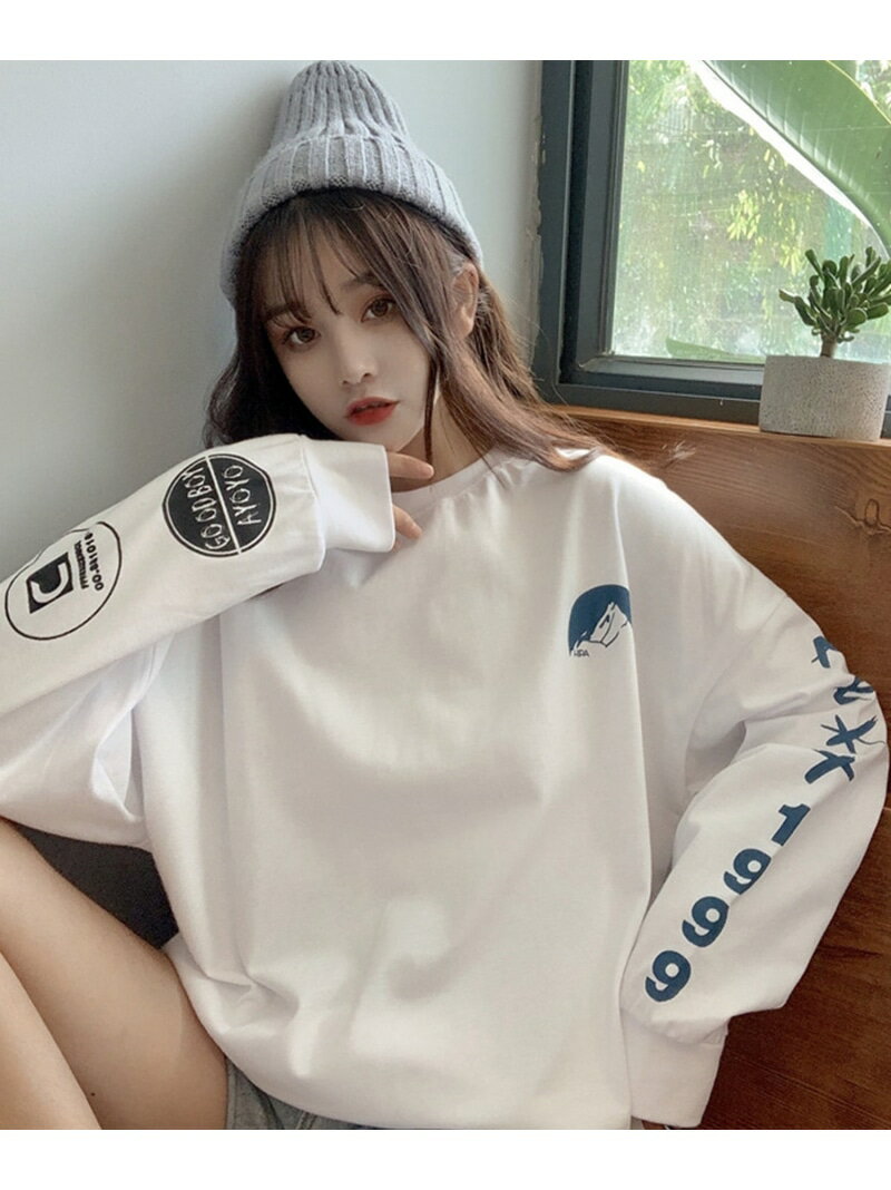 DEVICE select 袖プリント ロンT 長袖 クルーネック ロングスリーブ プリントT Tシャツ デバイス トップス カットソー・Tシャツ グレー ブラック ホワイト ブルー