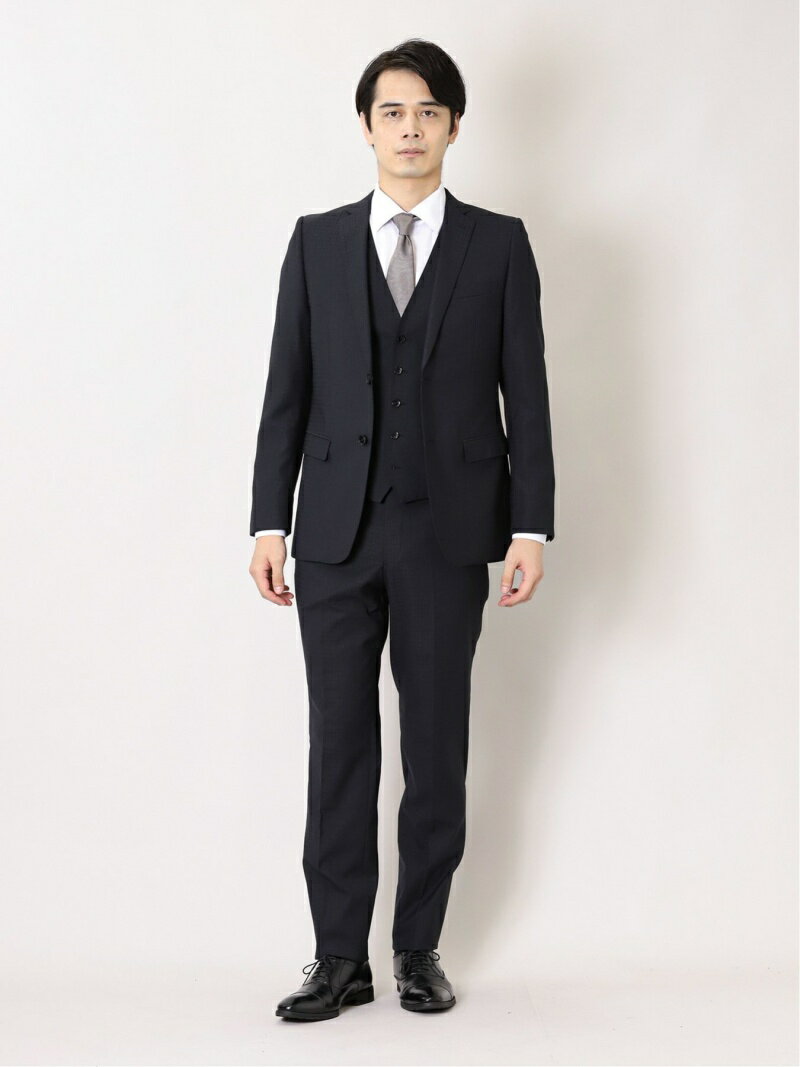 TAKA-Q 光沢ストレッチ スリムフィット 2ボタン3ピーススーツ チェック紺 タカキュー スーツ・フォーマル セットアップスーツ ネイビー【送料無料】