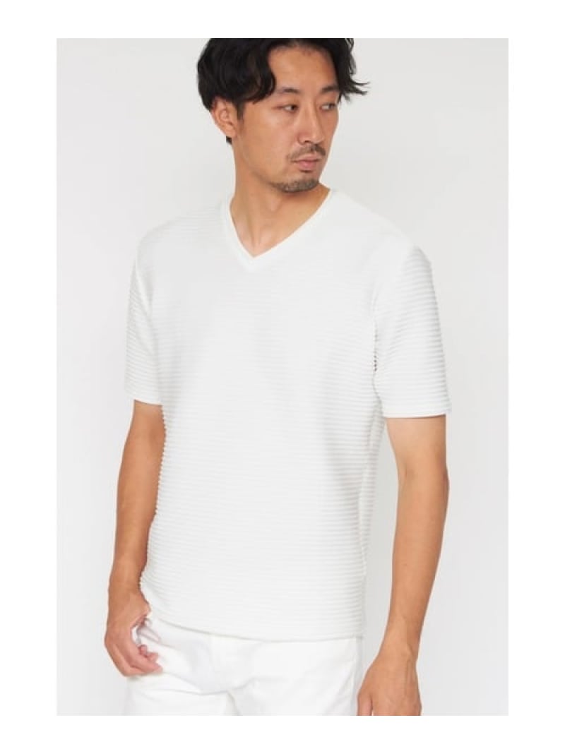 HIGH STREET HIGH STREET∴スパイラルボーダーランダムステッチ半袖Vネックカットソー トルネードマート トップス カットソー・Tシャツ パープル ホワイト【送料無料】