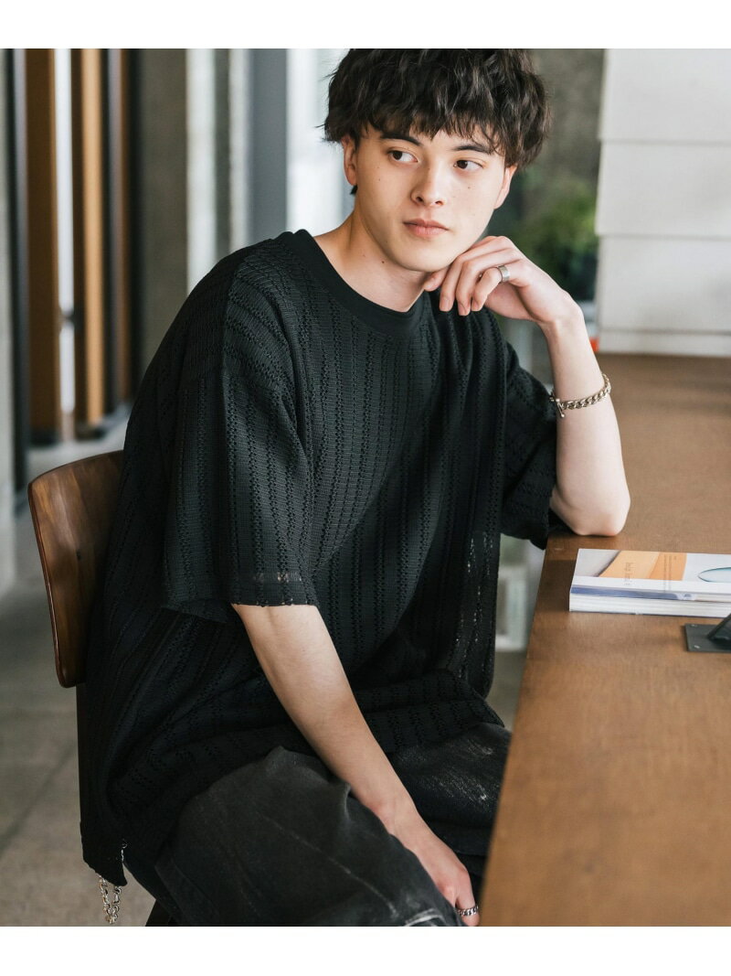 Rocky Monroe オーバーサイズ 透かし編みアンサンブル半袖Tシャツ ロッキーモンロー トップス アンサンブル ベージュ ブラウン ブラック ホワイト グレー【送料無料】
