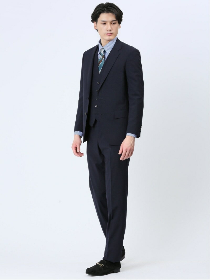 【SALE/2%OFF】m.f.editorial 光沢ウール混 スリムフィット 2ボタン3ピーススーツ チェック紺 タカキュー スーツ・フォーマル セットアップスーツ ネイビー【RBA_E】【送料無料】