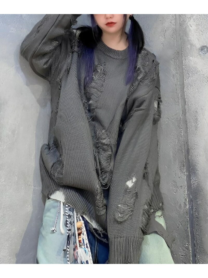 XU 【XU】design damage knit 3 ネバーマインドザエックスユー/チカシツプラス トップス ニット グレー ブラック【送料無料】