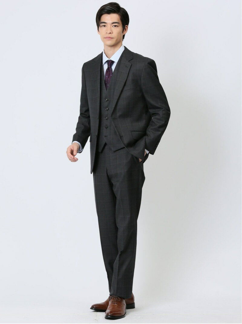 TAKA-Q ウール混 レギュラーフィット 2ボタン3ピーススーツ チェックグレー タカキュー スーツ・フォーマル セットアップスーツ グレー【送料無料】