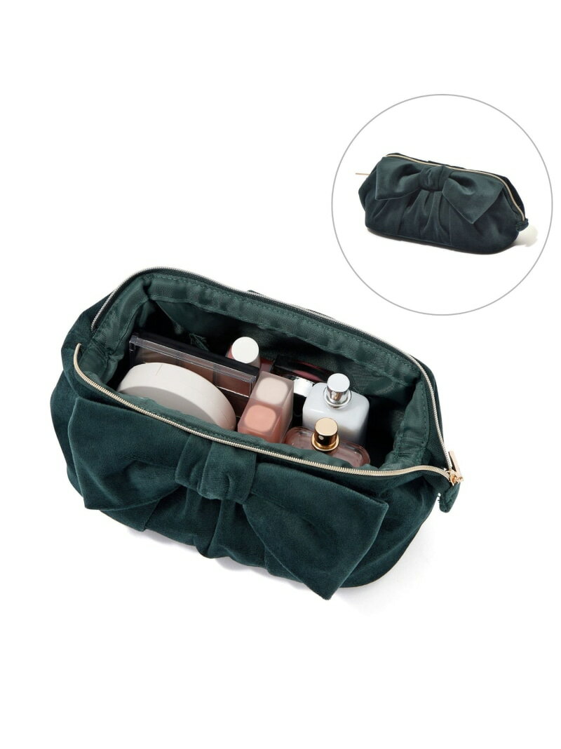 Francfranc ベロアリボン ワイヤーポーチ グリーン ポケット付き 化粧ポーチ コスメ収納 フランフラン ..