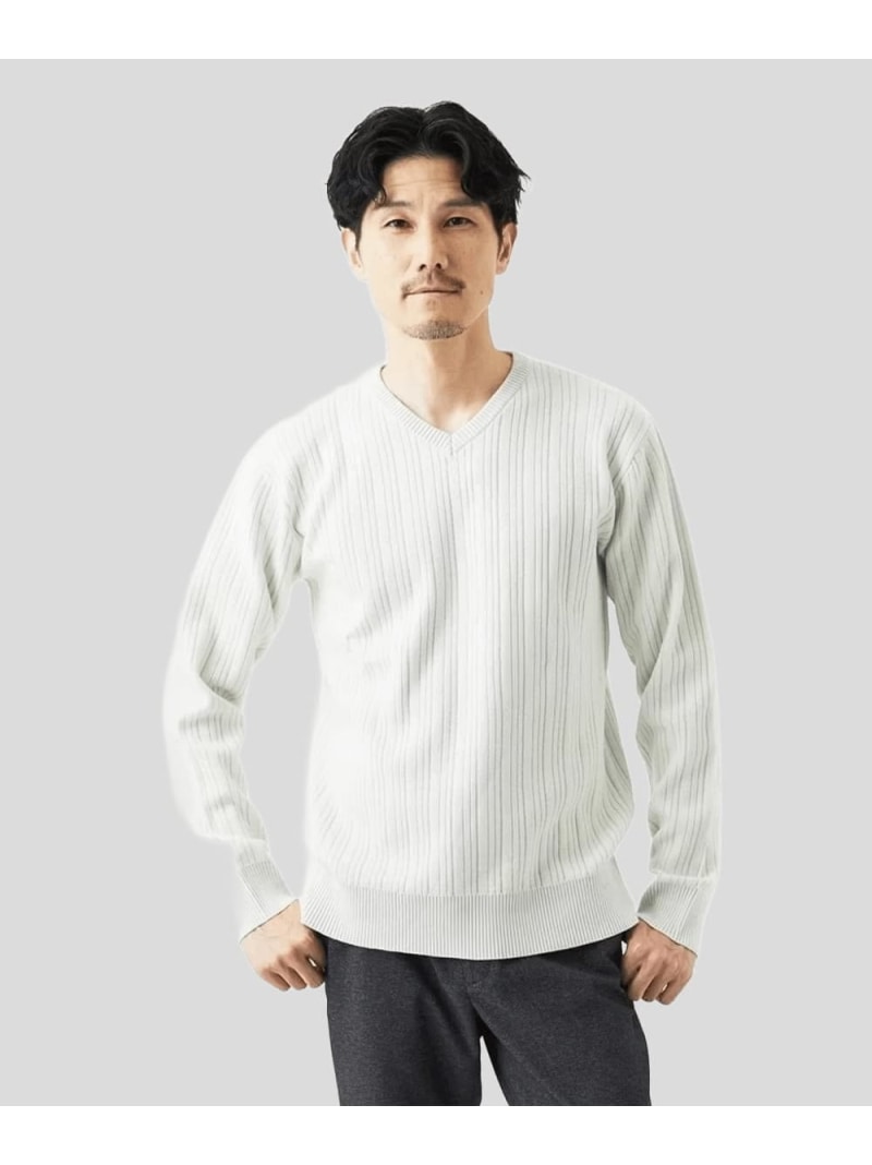 MK MICHEL KLEIN homme 【Vネック/洗濯機で洗える】ランダムタック ストライプニット ミッシェルクランオム トップス ニット ネイビー【送料無料】