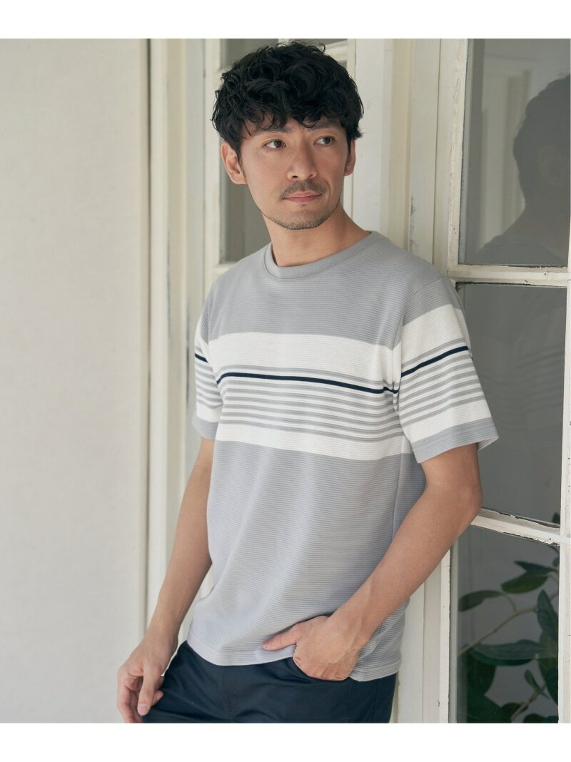 ikka リップルパネルボーダーTシャツ イッカ トップス カットソー・Tシャツ ブルー グレー ホワイト
