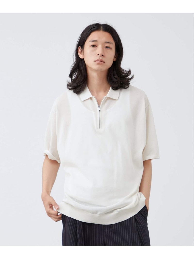 B.C STOCK 【BOYCOM/ボイコム】和紙 ジップ ハーフスリーブポロニット ベーセーストック トップス ニット ホワイト ブラック【送料無料】