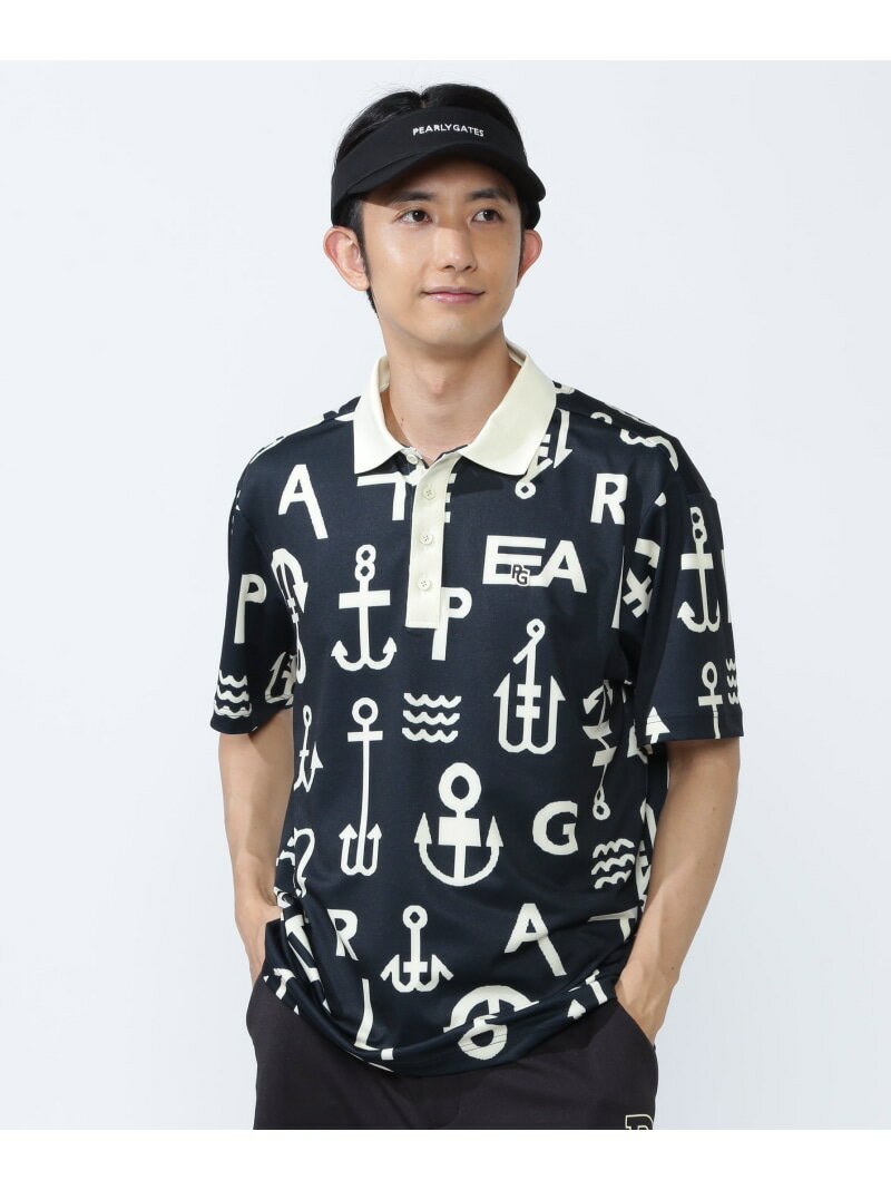 PEARLY GATES 梨地半袖ポロシャツ ＜アンカーロゴ総柄＞ パーリーゲイツ トップス ポロシャツ ブラック..