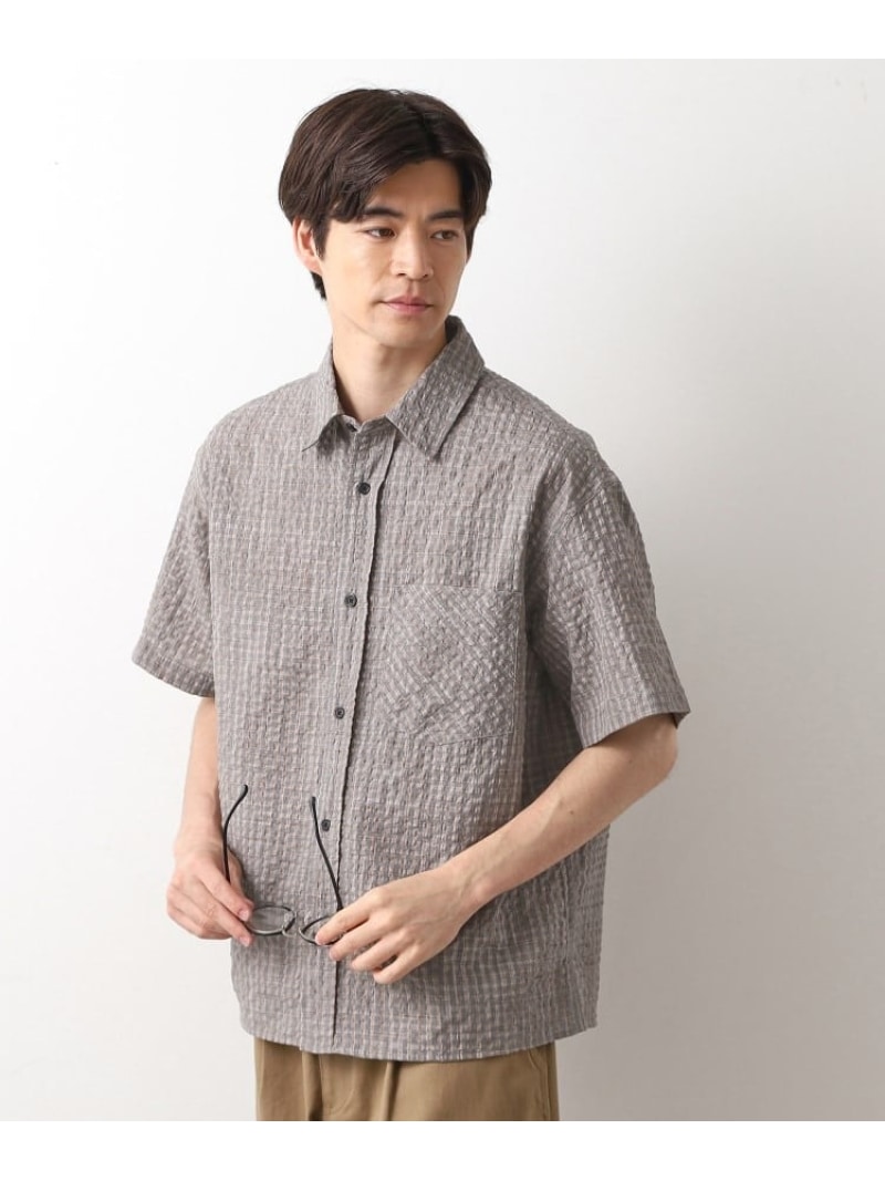 【SALE／44%OFF】THE SHOP TK シアサッカーチェックシャツ 【洗濯機OK】 ザ ショップ ティーケー トップス シャツ・ブラウス グレー ネイビー【RBA_E】