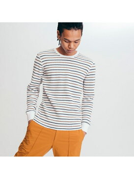 AIGLE 吸水速乾 マルチストライプ ワッフル 長袖シャツ エーグル カットソー Tシャツ ホワイト【送料無料】