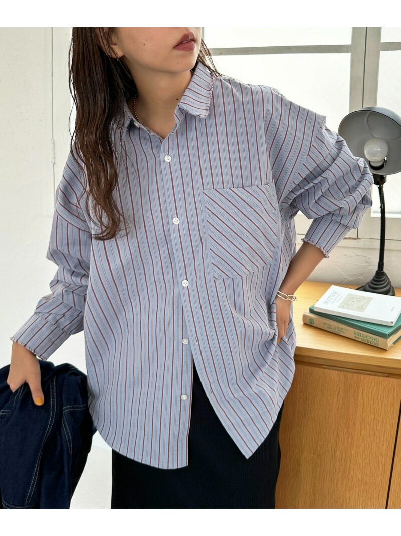 Discoat 【迷ったらコレ! /ユニセックス】ランダムストライプフリンジオーバーシャツ ディスコート トップス シャツ・ブラウス ブラウン ベージュ ブルー...