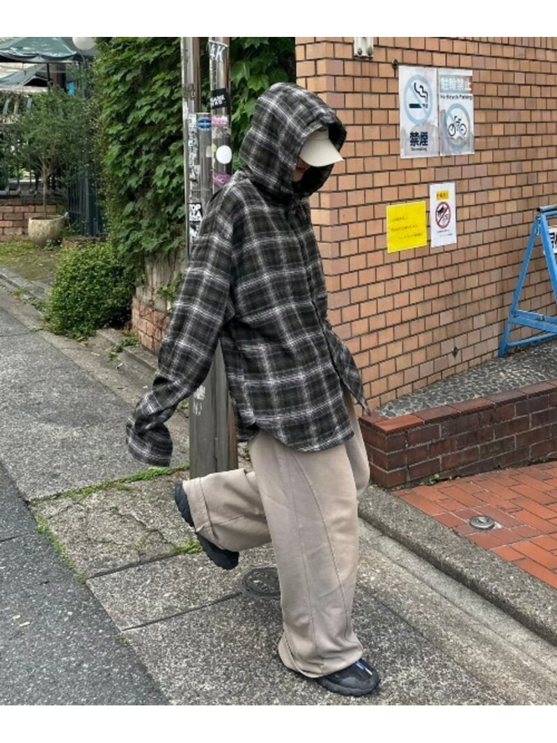 Chikashitsu + 【Chikashitsu +】glen check hooded shirt チェックシャツ オーバーサイズ ネバーマインドザエックスユー/チカシツプラス トップス シャツ・ブラウス ネイビー カーキグリーン【送料無料】