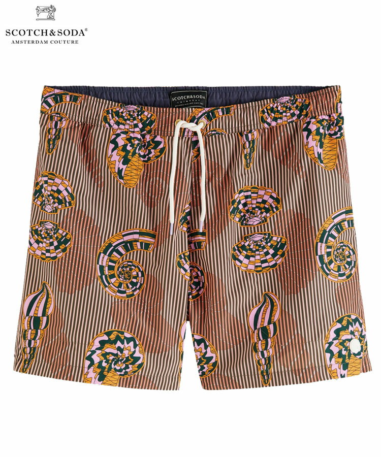 SCOTCH&SODA スコッチ&ソーダ ショーツ ショートパンツ 水着 Printed recycled polyester swim shorts ブラウン 貝殻 シェル ストライプ 292-38600 メンズ ボトムス カジュアル ハーフパンツ 送料無料