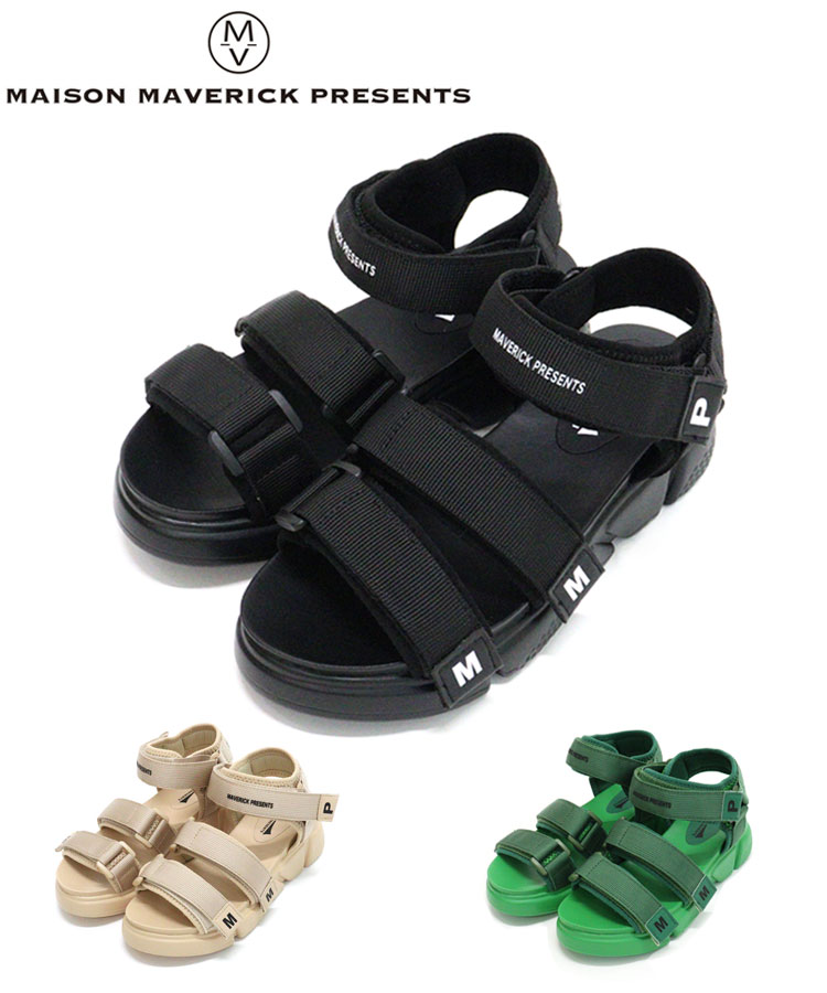 メーカー希望小売価格はメーカーサイトに基づいて掲載しています■商品名 MAISON MAVERICK PRESENTS Sports Sandal ■サイズ（cm） S（22.5-23.0） M（23.5-24.0） L（24.5-25.0） ■カラー ベージュ、グリーン、ブラック ■素材 アッパー：ポリエステル 100％ アウトソール：合成底 ■MAISON MAVERICK PRESENTS（メゾンマヴェリックプレゼンツ） 長年アパレル業界に携わってきた丸山祐希氏が娘のHINANO氏と共に2019年3月に発足以来、急成長を遂げているメゾンマヴェリックプレゼンツ。 その人気は国内にとどまらずロサンゼルスやシドニーなどにも進出が決定！ 今後目が離せない日本ブランドの1つです！ ≪ブランドコンセプト≫ コンセプトは“Feeling Every independent person needs to know” 自由に、そしてトレンドに囚われないスタンスでクリエーションを行っており『この服が欲しい！』と 直感で思ってもらえるような、感覚に訴えるデザイン、着心地・履き心地を提案していく。 ■商品説明 ベルト部分にブランドのイニシャルがあしらわれたスポーツサンダル。 お好きなフィット感に調整ができるベルクロタイプ。 スポーティなデザインでアクティブなシーンにも活躍します。 ソールに厚みがありボトムスはもちろん、マキシ丈のスカートやワンピースにボリューム負けしない1足。 ■ご注意 ■撮影場所やイメージにより実際の商品と色味が若干異なる場合がございます。商品のお色味はカラーバリエーション画像をご参照ください。 ■なるべくきれいな状態で発送致しますが、製造工程上、輸送の際の汚れや擦れ等が若干見られる場合がございます。 ■雨、摩擦により色落ちする場合がございます。 あらかじめ上記事項をご理解ご了承のうえ、お買求めくださいませ。