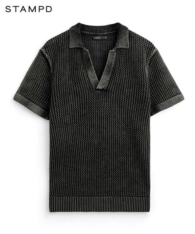 STAMPD スタンプド メンズ ポロシャツ LOOSE GAUGE SS POLO ブラック SLA-M3147KW トップス 半袖 レイヤード シンプル サマーニット アシッドウォッシュ レザーパッチ