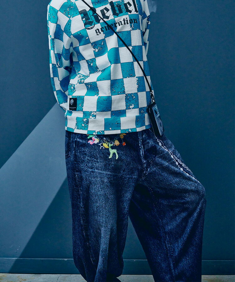 TALKING ABOUT THE ABSTRACTION トーキング アバウト ジ アブストラクション メンズ パンツ FLEECE DENIM PRINT WIDE PANTS ブルー 2526AW-PT-005 ボトムス フリースパンツ デニム プリント レディース ユニセックス