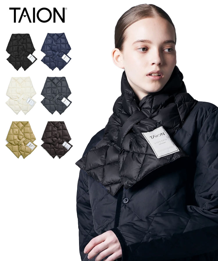 TAION タイオン ユニセックス マフラー シティ ダウンマフラー ブラック ネイビー オフホワイト チャコール グレーベージュ ダークチョコ TAION-201CI2 ダウン 軽量 ギフト 防寒 耐久性