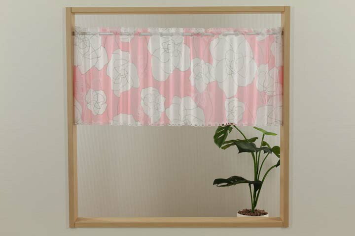 08-502 カフェカーテン おしゃれ ブライトプルーフ ラインフラワー 145×43 ピンク