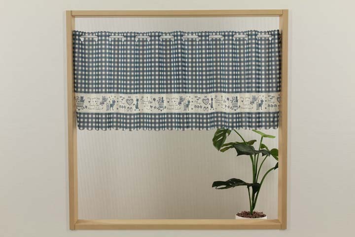 08-504 カフェカーテン おしゃれ リネンギンガムキャッツ 140×45 ブルー