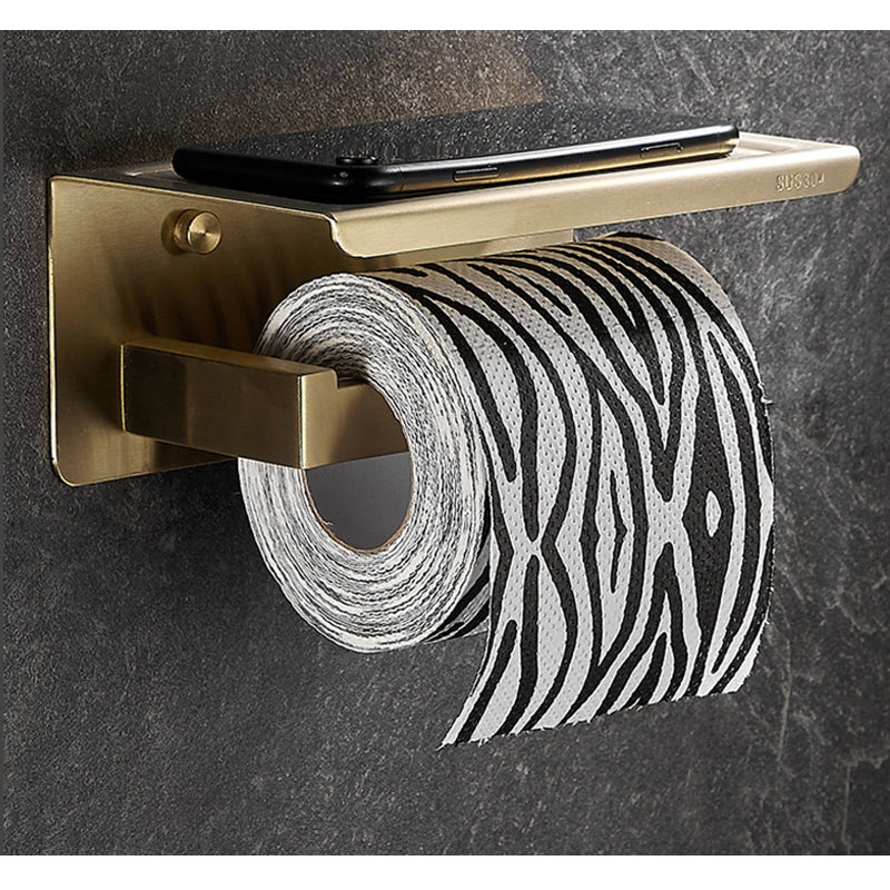 ONLINE SHOP stylishのトイレットペーパーホルダー 304ステンレス製 紙巻器 ペーパー ロール ペーパーホルダー 棚付き 壁掛け式 穴あけ不要 取り替え 賃貸OK 落下防止 設置簡単 おしゃれ バスルーム&キッチン用 ゴールド｜アングル3