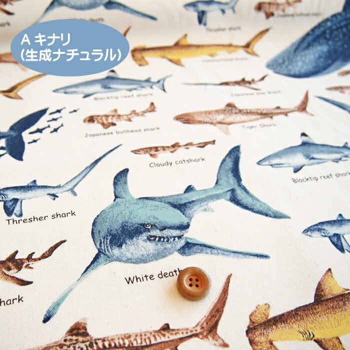 図鑑シリーズ生地/サメ柄/鮫柄/シャーク柄の生地 /ツイル生地/入園入学/スモック/レッスンバッグ/シューズバッグ/巾着袋/ずかん/N24