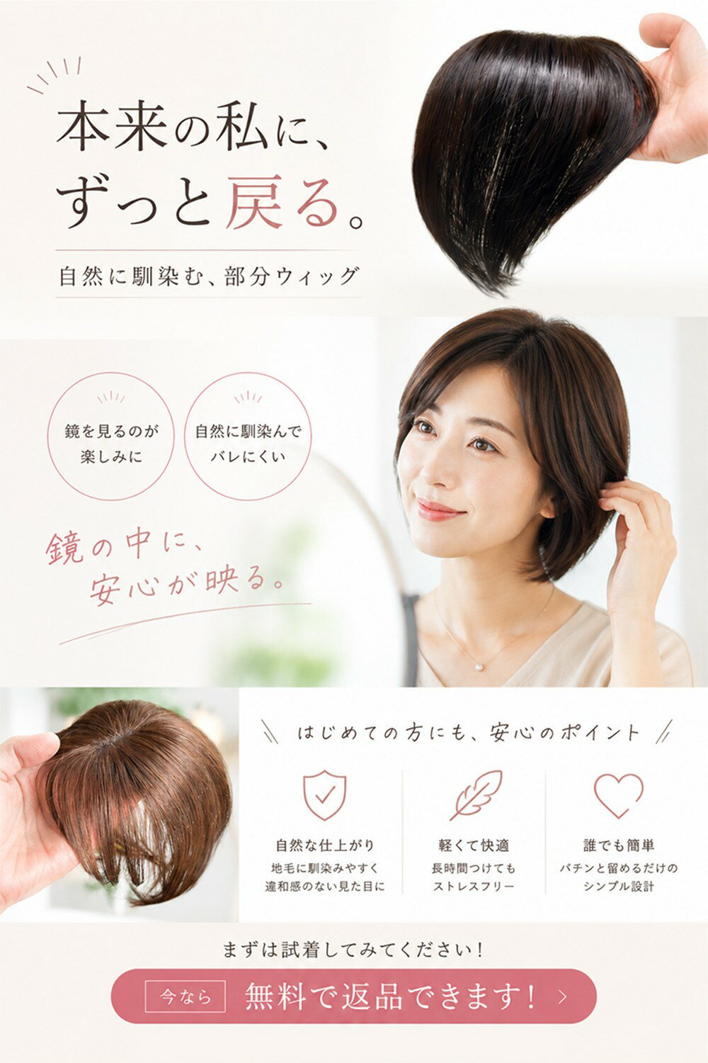 頭頂部 部分ウィッグ 【返品無料】女性 つむじウィッグ 薄毛隠し 白髪隠し 部分か...