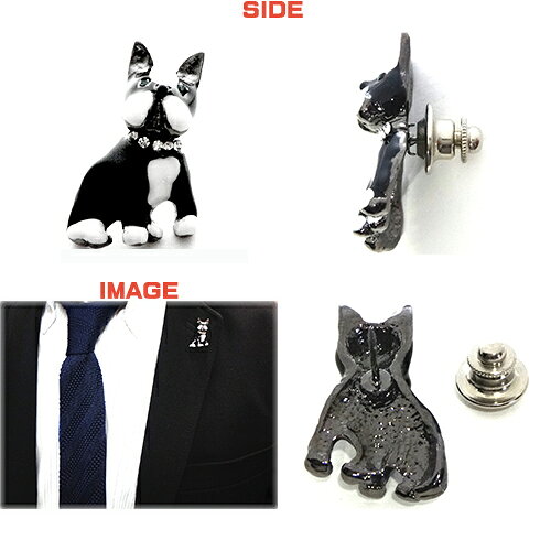 犬 いぬ ボストン テリア 日本製 ピンバッジ／ブローチ×スワロフスキー+プレゼント...