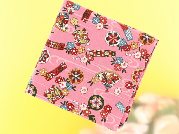 大判和柄ハンカチ【賑やかし】桃