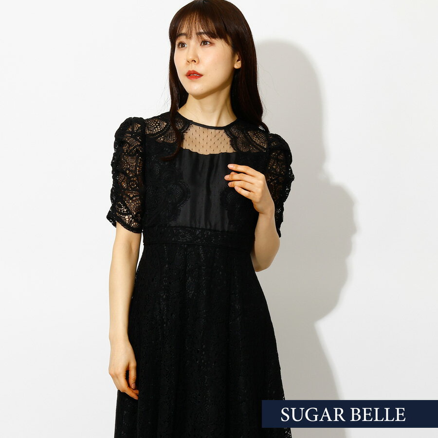 Rakuten - パーティードレスワンピースドレス結婚式二次会｜華やかレースフレアワンピース(ブラック)Mサイズ