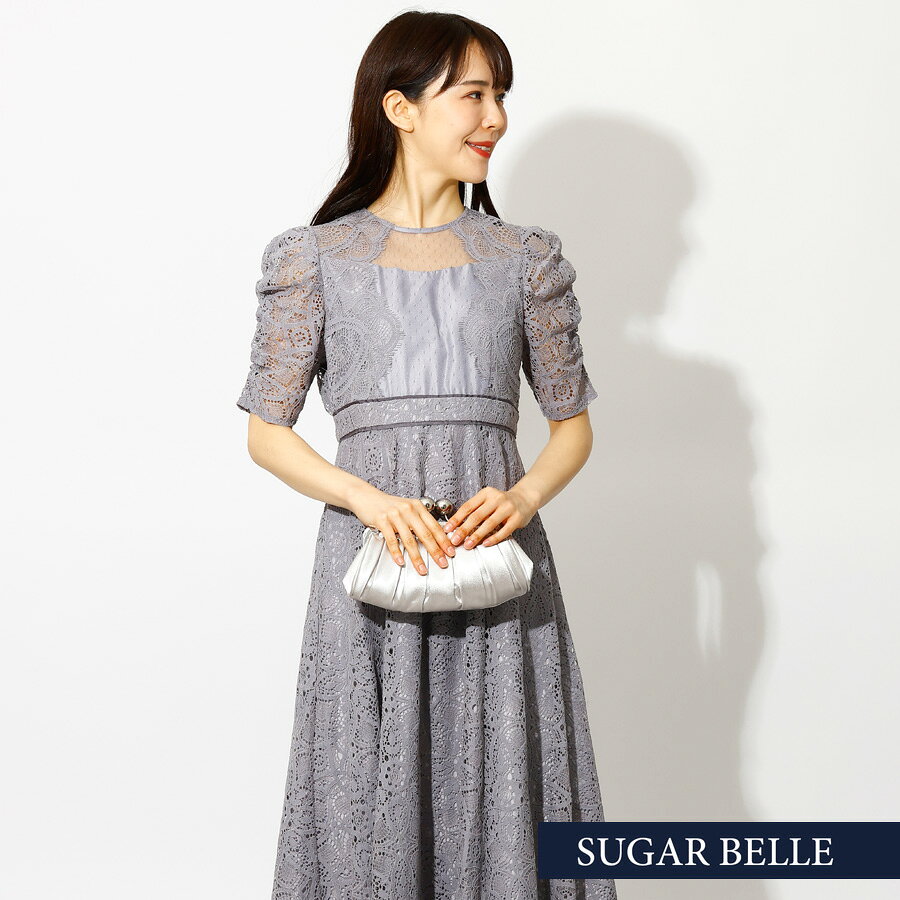 Rakuten - パーティードレスワンピースドレス結婚式二次会｜華やかレースフレアワンピース(ブルー)Mサイズ