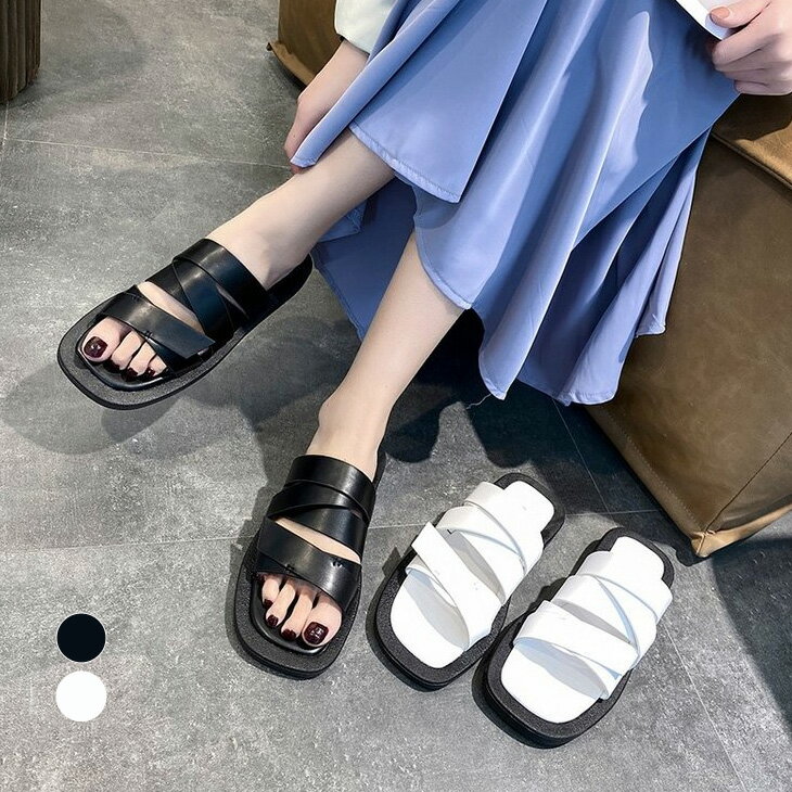 クロスストラップ スクエアトゥ フラット サンダル レディース ぺたんこ コンフォートサンダル オープントゥ つっかけ 厚底 スリッパサンダル 靴 シューズ 疲れない 2021春夏新作 【k3-sl215】【予約販売：15-20日】【送料無料】メ込