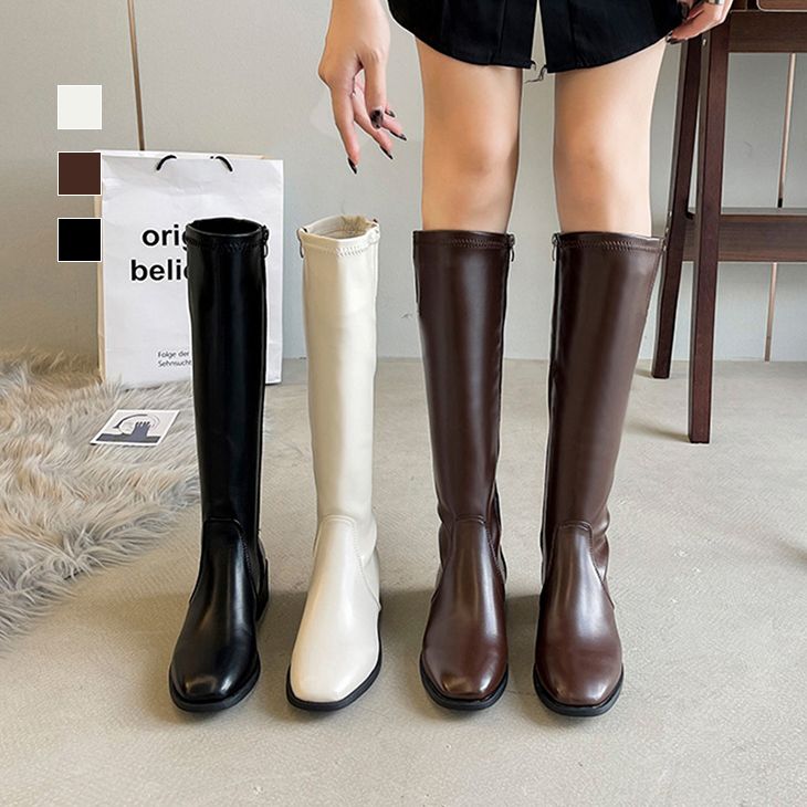 【半額クーポン対象】［ラッキー秋冬］ロングブーツ ブーツ 合皮 ローヒール サイドジップ ポインテッドトゥ シンプル レディース 歩きやすい 秋服 韓国ファッション【k3-wry88】【即納：1-5営業日】【送料無料】宅込のサムネイル