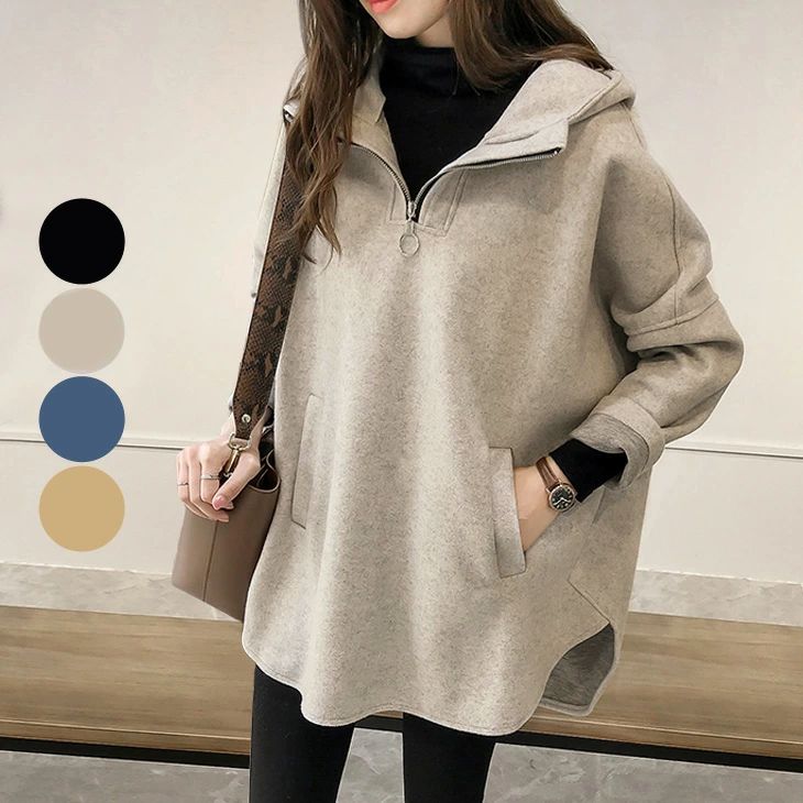 【半額クーポン対象】【24aw入荷済み】パーカー 長袖 ZIP付き レディース プルオーバー トレーナー カットソー トップス スウェット おしゃれ 可愛い ブラック 秋冬フリー 【lgww-af1003】【to25】【即納：1-5営業日】宅込