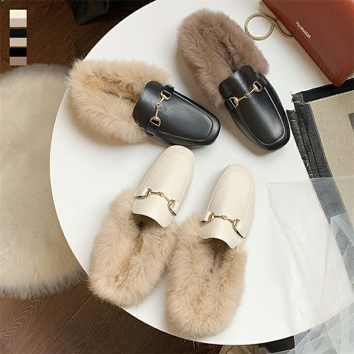 【クーポン利用で2180円】バブーシュ ファー付き ファー パンプス ぺたんこ スリッポン ローファー ファーサンダル カジュアル PU スクエアトゥ 幅広 レディース 秋 冬 韓国ファッション【k3-yb812】【予約販売：15-20日】【送料無料】ヤ込